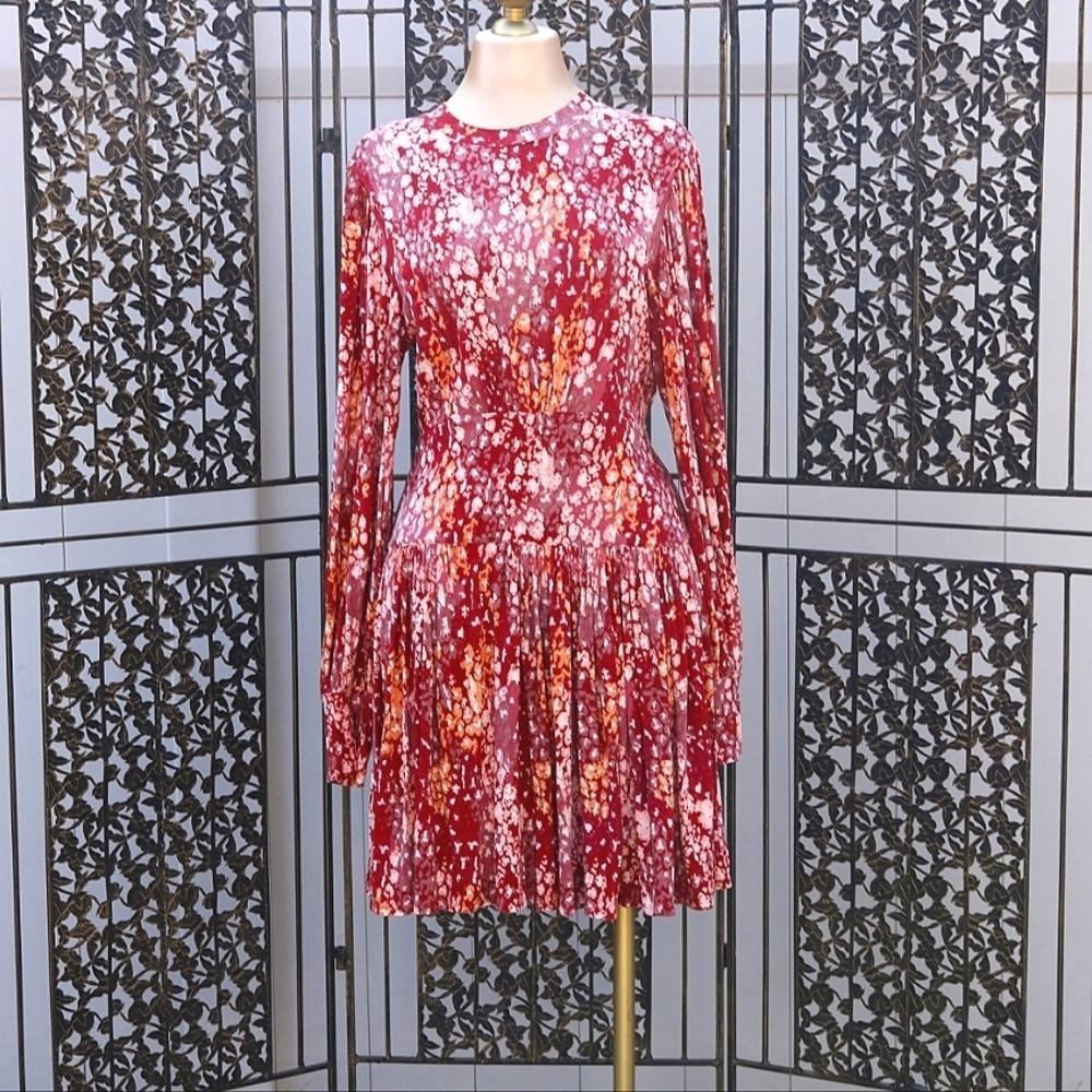 Free People Heartbeats Mini Skater Dress in Elegant Red Floral Print,Long Sleeve